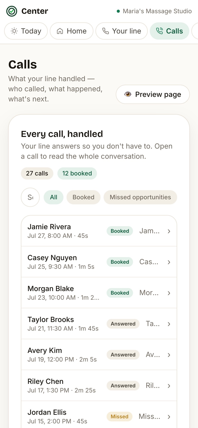 The Center dashboard on a phone, showing every call the line handled with who called, what happened and what is next.