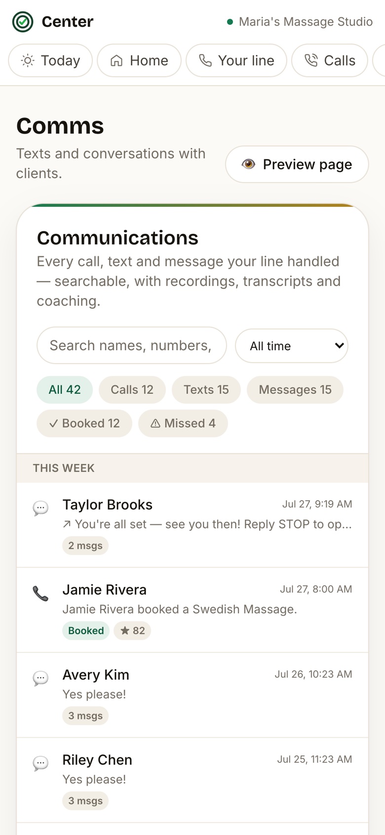 The Center dashboard on a phone, showing one list of calls and texts with filters for calls, texts, messages, booked and missed.